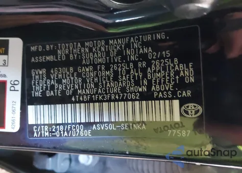 2015 Toyota Camry Le from USA, damaged, VIN 4T4BF1FK3FR477062